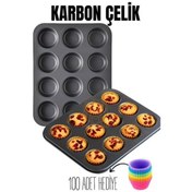 Resim ÖYKÜ VE YİĞİT 12 li Muffin Kalıbı Teflon Çelik 100 Muffin Kağıtlı 