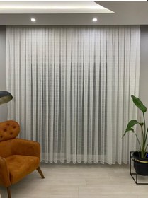 Resim 4002 Kendinden Desenli Modern Ekru Tül Perde 1/3 Sık Pileli Ekru 