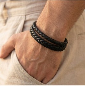 Resim Siyah Çift Sıra Örgü Detaylı Deri Erkek Bileklik 