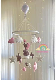 Resim Pembe Gri Fil Figürlü Kız Bebek Beşik Dönencesi Müzikli Dönence 