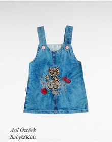 Resim MÜCO KİDS WEAR Kız Bebek Çocuk Leopar Desen Kedi Ve Gül Detaylı Kot Jile Jean Salopet Denim Elbise 