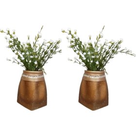 Resim 2 Adet Vazo Dahil,vazoda Çiçek,beyaz Yapay Çiçek,vazo Dekoratif Taşlı Altın Poliresin 7x7x15cm Çok Renkli 