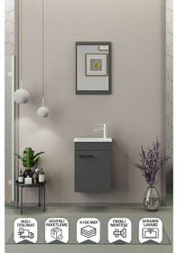 Resim Biani Fix Arya Mini 42 Cm Banyo Dolabı,Seramik Lavabolu, Aynalı,Lavabo Dahil,Mdf,Mat Gri 