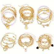 Resim 21 parça takı seti, vintage ve sade tarz altın kaplamalı bilezik kombini, moda sahte inci ve Küba bağlantılı karışık metal, kalp ve gül figürleri, kadınlar için zincir bilezik ve bilezik seti, mücevher hediyesi 