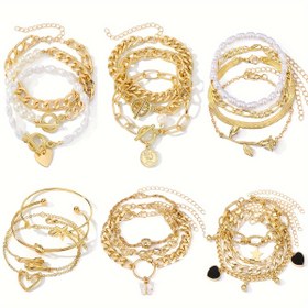 Resim 21 parça takı seti, vintage ve sade tarz altın kaplamalı bilezik kombini, moda sahte inci ve Küba bağlantılı karışık metal, kalp ve gül figürleri, kadınlar için zincir bilezik ve bilezik seti, mücevher hediyesi 