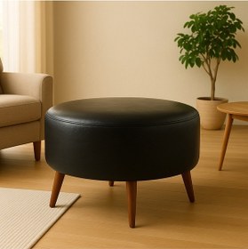 Resim Azra Mobilya Siyah Yuvarlak Deri Puf 60 Cm Çap, 46 Cm Yükseklik, Modern Ceviz Ayaklı Siyah 
