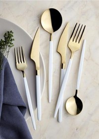 Resim Schön Main 6 Kişilik Çatal Kaşık Bıçak Seti Parlak Gold Beyaz 36 Parça Altın - Beyaz 