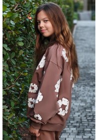 Resim Locoloco Kız Çocuk Sweatshirt Çiçek Baskılı 9-14 Yaş, Kahverengi Kahverengi 