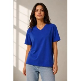 Resim Marsilyan V Yaka Basic Tişört Kısa Kol Yazlık Regular Fit T-Shirt - Saks Mavisi 