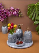 Resim MIARIK DESIGN & DEKORASYON Dekoratif Gri Oval Mermer Banyo Seti Takımı 5 Li Aksesuar Detaylı Tasarım Set 