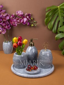 Resim MIARIK DESIGN & DEKORASYON Dekoratif Gri Oval Mermer Banyo Seti Takımı 5 Li Aksesuar Detaylı Tasarım Set 