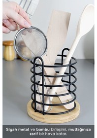Resim Bambu Tabanlı Metal Kaşıklık - Tezgah Üstü Dik Kaşıklık Mutfak Düzenleyici Dekoratif Organizer Bej 