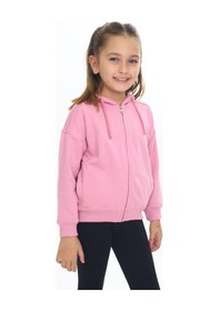 Resim Toontoy Kız Çocuk Kapüşonlu Fermuarlı Cepli Düşük Omuz Örme Hırka - 2 İplik Gül Kurusu 