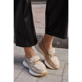 Resim Nilufarr Shaggy Bej Deri Kürklü Kadın Sneaker 