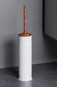 Resim Paslanmaz Çelik Ahşap Desenli Vintage Beyaz Tuvalet Fırçası Takımı - WC FIRÇA TAKIM 