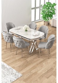 Resim Canisa Zae Serisi 90x168 Lak Panel Beyaz Mermer Desen Krom Ayak Masa Takımı 6 Gri Sandalye Siyah Mermer Desen Masa Sandalyeler Krem 