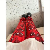 Resim MARVEL Resmi Lisanslı Kadın Spider-Man Yüz Karikatür Baskılı Uyku Pantolonu - Kırmızı & Siyah Ağ Tasarımı, Hafif Nefes Alabilir Yazlık Ev Şortları, Günlük Giyim ve Çizgi Roman Hayranları İçin Rahat Pijama 