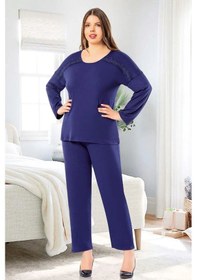 Resim Faal 8809 Kadın Büyük Beden Uzun Kollu Dantel Detaylı Pijama Takım-lacivert Lacivert 