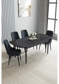 Resim Loft Siyah Mermer 80x132 Açılabilir Mdf Masa Yemek Odası Takımı, Mutfak Takımı 4 Adet Sandalye Antrasit 