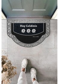 Resim Yarım Ay Modeli Hoş Geldiniz Yazlı Çiçek Desenli Kapı Önü Paspası Gümüş 