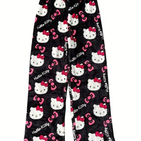 Resim Sevimli Kedi Kadın Flanell Pijama Pantolonları - Y2K Stili, Yumuşak ve Rahat, Pembe ve Siyah Karikatür Desenli, Uzun Günlük Oturma Giyim, Sonbahar Hediye için Mükemmel, Rahat ve Rahat Uygunluk, Sevimli Pijamalar 