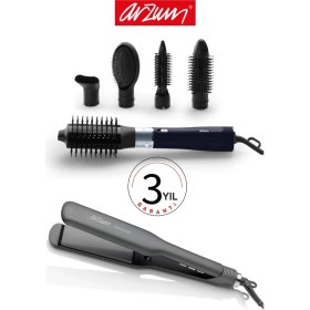 Resim Arzum Revolution Hava Üflemeli 5'i 1 Arada Şekillendirici + Arzum Trendcare Geniş Saç Düzleştirici Seramik Turmalin Plaka Antrasit 
