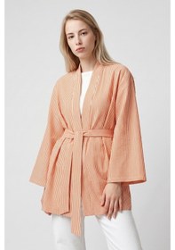 Resim Saade Sââde Kadın Dikey Çizgili Geniş Kollu Şık Yazlık Relaxed Kimono Turuncu 