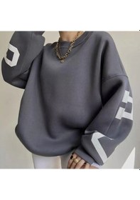 Resim Bisiklet Yaka New York Baskılı Süper Oversize Sokak Stili Kadın Sweatshırt Ldychc10 Beyaz Gri 