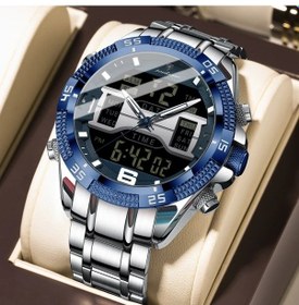 Resim Oldfriend Poedagar Erkek Digital Analog Çift Göstergeli Su Geçirmez 3atm Çelik Kol Saati Gümüş Mavi Diğer 