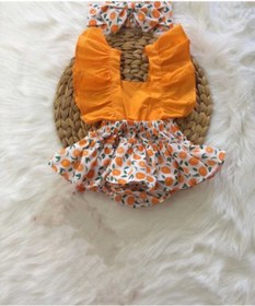 Resim ŞAPKAKİDS Kız Bebek Turuncu Portakal Desen Salopet Ve Bandana Set 