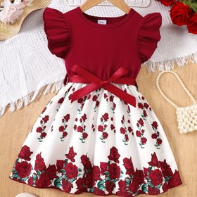 Resim Yazlık Kızlar İçin Casual Moda Bordo Gül Desenli Fırfır Kollu Elbise 