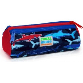 Resim Coral High Mavi-Kırmızı Köpekbalığı Baskılı Üç Bölmeli Kalem Çant 
