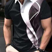 Resim Erkekler için Renk Bloklu Kısa Kollu Golf Gömleği - Şık Siyah & Beyaz Geometrik Tasarım, Yaka ile Rahat Yazlık Üst, Konforlu Oyun için Hafif Polyester Kumaş, Yarı Resmi Kıyafet | Şık Kısa Kollu | Pürüzsüz Dokulu Kumaş 