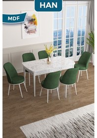 Resim Canisa Han Serisi, 70x114 Açılabilir Mdf Masa Takımı, Beyaz Mermer Desen Masa Ve 6 Haki Yeşil Sandalye Masa Beyaz Mermer Sandalyeler Haki 