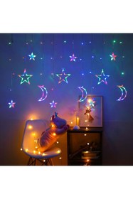 Resim ALKESE Usb Bağlantılı Ay Yıldız Saçak Perde Rgb (RENKLİ) Ramazan Parti Yılbaşı Led Işık Animasyonlu 