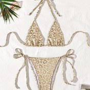 Resim Şık Avrupa & Amerikan Tarzı Mikro Üçgen Ultra Seksi Bikini Takımı, Moda İpli Yırtmaç Tasarımlı Leopar Desenli Parıltılı Plaj Giysisi 