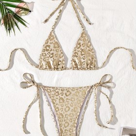 Resim Şık Avrupa & Amerikan Tarzı Mikro Üçgen Ultra Seksi Bikini Takımı, Moda İpli Yırtmaç Tasarımlı Leopar Desenli Parıltılı Plaj Giysisi 