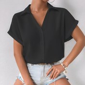 Resim Şık Kadın Kısa Kollu Düğmeli Gömlek - Düz Renkli Çizgili Tasarım, Polyester Karışımı, Makinede Yıkanabilir, Şeffaf, Tüm Mevsim Giyim, Klasik Yaka ve Manşetler, Rahat veya Resmi Durumlar için Çok Yönlü, Şık Düğmeli Moda | Klasik Yaka Stili | Şık Düğmeli 