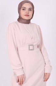 Resim Kemerli Kalem Elbise Bej - 46-48 