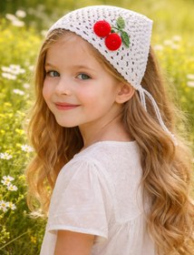 Resim Attolya Bandana, örgü bandana kız çocuk için kirazlı tamamen el örgüsü bandana, hediyelik bandana, saç akse 