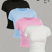 Resim 4'lü Kız Çocuk Günlük Kısa Kollu Tişört Seti - Yumuşak Polyester, Yuvarlak Yaka, Düz Renkler - İlkbahar/Yaz/Sonbahar İçin Mükemmel 