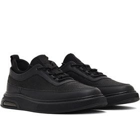 Resim Erkek Siyah Bağcıklı Kalın Tabanlı Deri Sneaker - Siyah / 4 