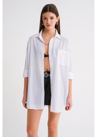 Resim Mixray 4053 Kadın Tek Cepli Oversize Basic Gömlek Beyaz 