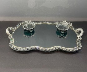 Resim Dekoratif Kristal Cam Ayna Bulut Sunum Tepsisi Gümüş 