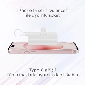 Resim Woyax iPhone Lightning Soketli Mini Powerbank 5000mAh Type-C Dahili Kablolu Taşınabilir Şarj Cihazı Beyaz 