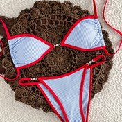 Resim Kadınlar İçin Çizgili Baskılı İki Parçalı Bikini Takımı - Yüksek Kesim Alt Kısım, Ayarlanabilir Askılar, Yazlık Plaj Giyimi, Yüzme Kıyafeti - Plaj Tatilleri, Havuz Partileri ve Su Aktiviteleri için Mükemmel 