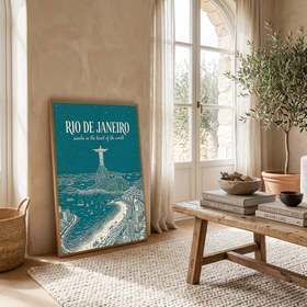 Resim Rio de Janeiro Line Art Print - Teal Christ the Redeemer Copacabana Wall Art - Wooden Frame - Natural / 24 x 36" (60x90 cm) 