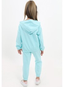 Resim Toontoy Kids Toontoy Kız Çocuk 2'li Takım Kapüşonlu Fermuarlı Sweatshirt & Beli Paçası Lastikli Jogger Eşofman Altı - 2 İplik Su Yeşili 