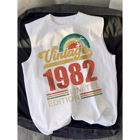 Resim Erkekler için Vintage 1982 Sınırlı Sayıda Üretilmiş Kolsuz Atlet - Retro Grafik Tasarım, Beyaz, Aktif ve Günlük Kullanım İçin Spor Salonu veya Her Gün Giyim 