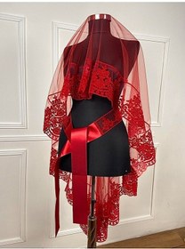 Resim Kinagecesimalzeme Kırmızı Flok Baskı Simli Gelin Duvak Kuşak Eldiven Set Kına Gece (526389465) 